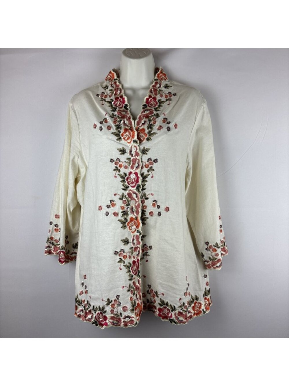 VINTAGE SUSAN GRAVER Embroidered FLORAL BUTTON UP BLOUSE SIZE Large